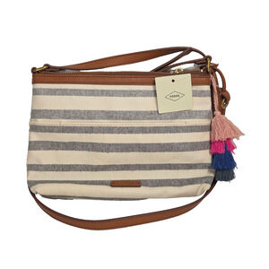 Fossil Fiona Small Crossbody Blue Stripe Adjustable Strap Tassel Canvas READ